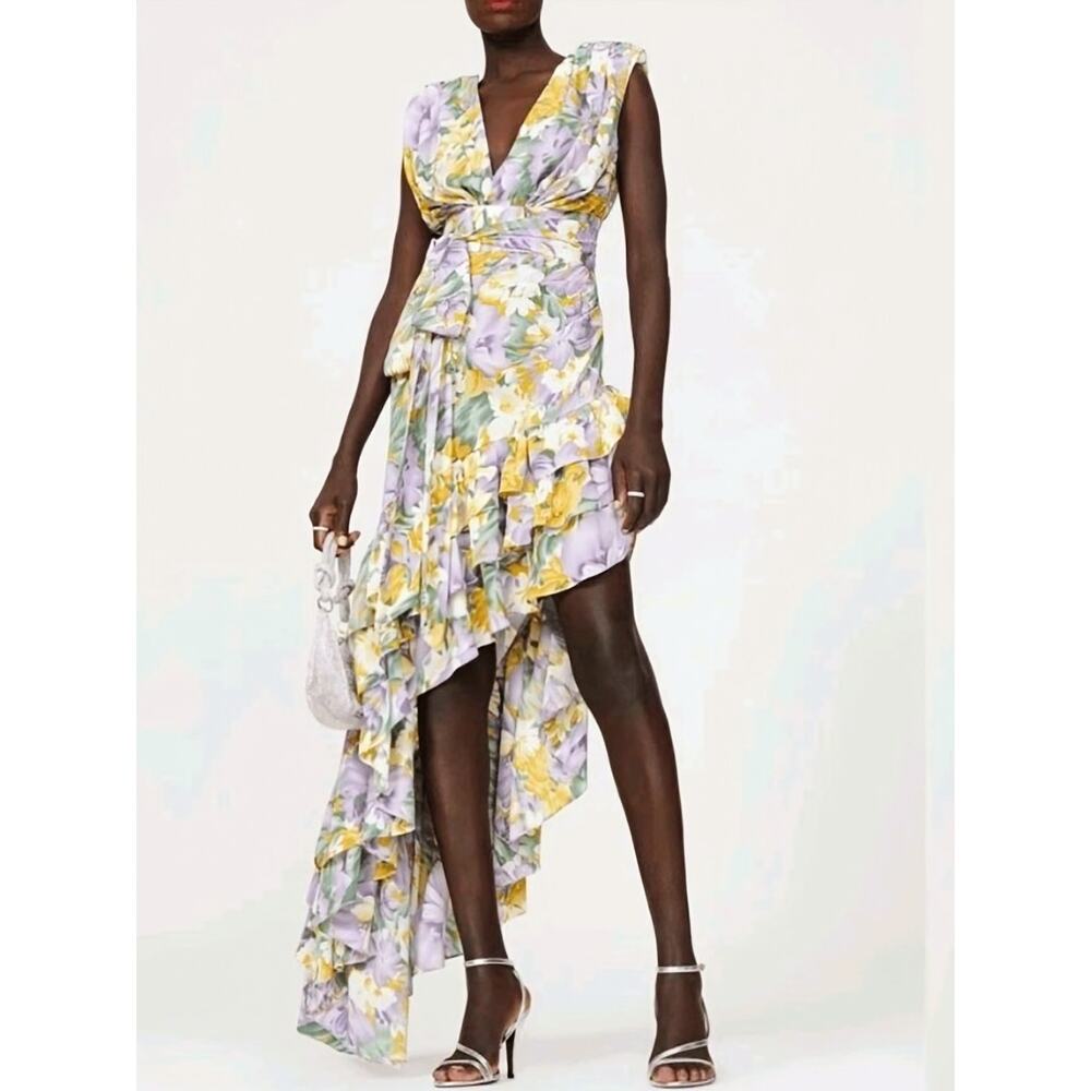 Bronx & Banco Tropics Floral Asymmetrical Ruffle Maxi Dress Silk Blend M US 6